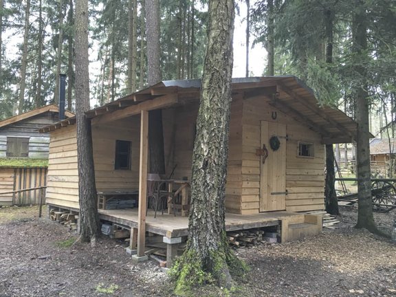 Holzhütte im Wald mit Veranda