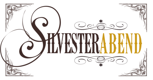 Künstlerische Darstellung des Begriffs 'Silvesterabend', betont durch goldene Buchstaben und verschnörkelte Rahmen.