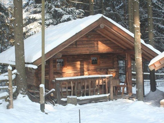 Holzhütte bedeckt von Schnee