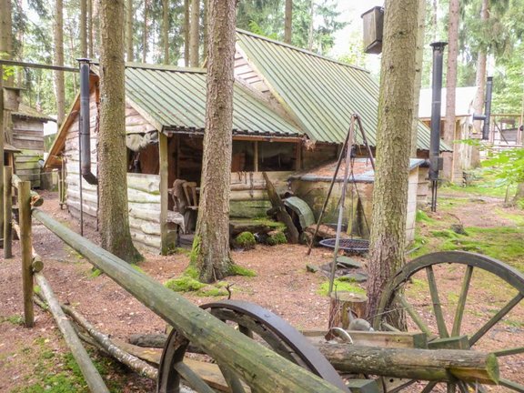 Hütte aus Holz im Wald mit Feuerstelle