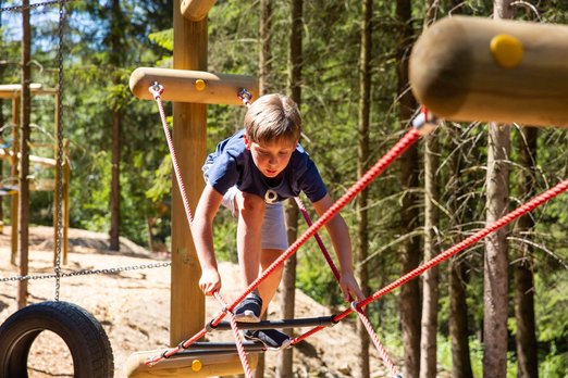 Junge klettert in einem Niederseilgarten