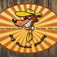 Comicfigur mit Cowboyhut, Schriftzug: "DJ Rockin' Daddy, finest Oldie Music from the 1940s and 1950s"