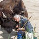 Indianer kniet vor Bison