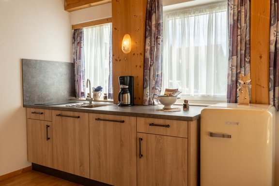 Küchenzeile mit Kühlschrank, Kaffeemaschine, Spüle und Herdplatte