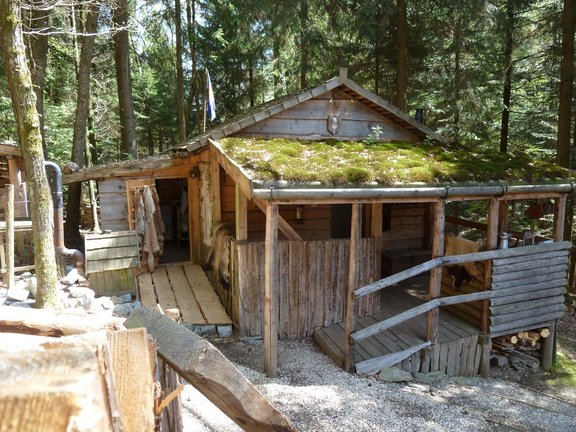 Holzhütte mit bemoostem Vordach