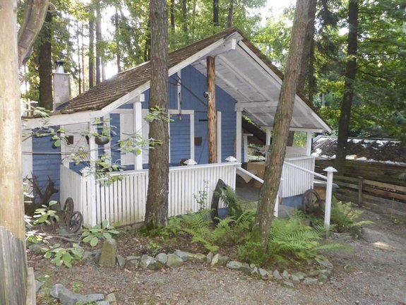 blauweißes Haus aus Holz im Wald